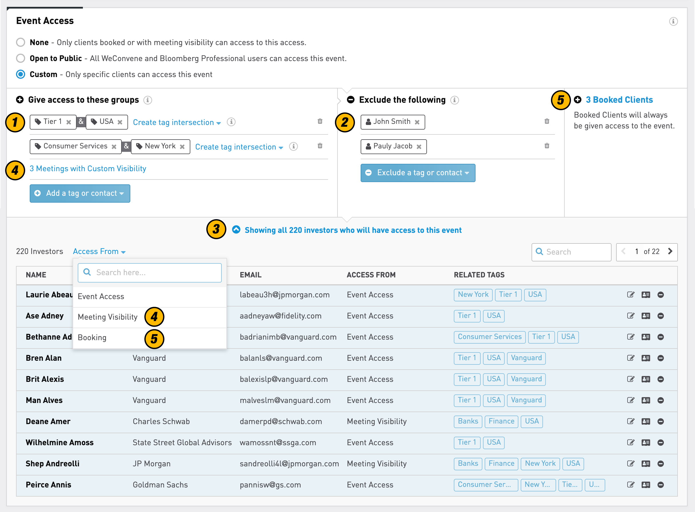 New event access settings with inclusion, exclusion and bookings | WeConvene