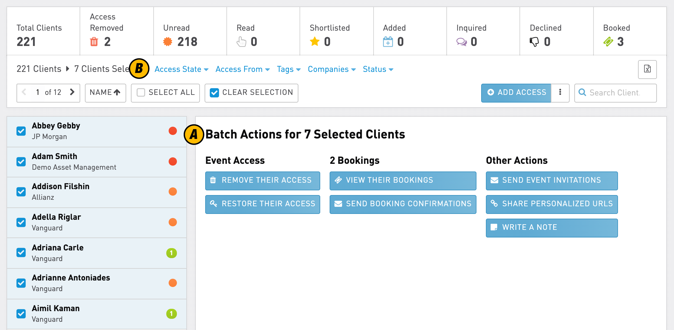 Manage access and more batch actions for selected clients / investors | WeConvene
